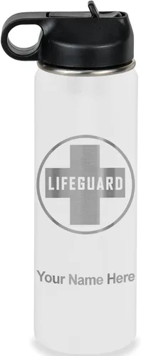 Miniatura 73 de LaserGram Botella de agua personalizada, salvavidas, acero inoxidable de doble pared aislada al vacío con popote superior, regalo grabado Negro