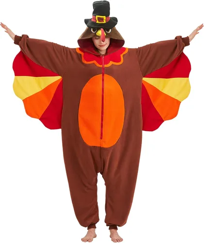 MORNINGFLY Disfraz de pavo para adultos, disfraz de Acción de Gracias, Halloween, cosplay, pijama de una pieza para mujeres y hombres