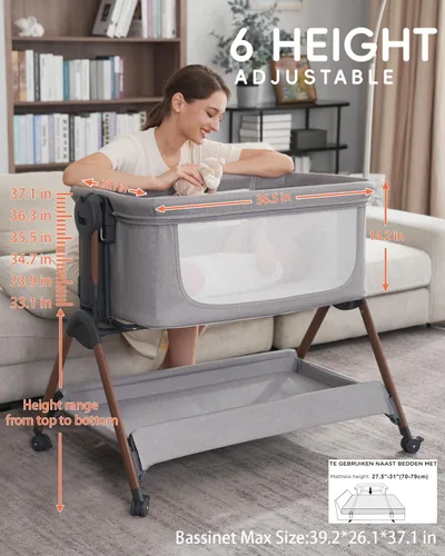 Miniatura 4 de Cuna para bebé - Cuna para dormir al lado de la cama, Cunas al lado de la cama 3-en-1 para bebé, Cuna con movimiento, con colchón cómodo, ruedas