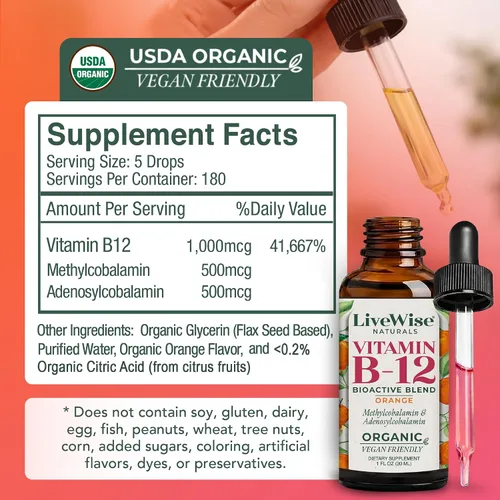 Miniatura 2 de Líquido B12 Vitamina Sublingual – Vitamina Líquida Totalmente Natural Vegana B12 Gotas – Suplemento de adenosilcobalamina sin OMG y metilcobalamina