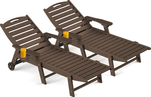 Miniatura 31 de Ciokea Silla de Descanso para Exteriores, Tumbona de Gran Tamaño con 5 Posiciones, HDPE, Silla de Descanso de Patio con Ruedas y Portavasos para Gris