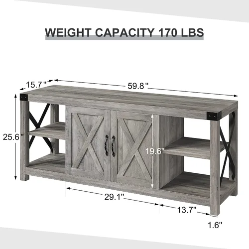 Miniatura 2 de IDEALHOUSE Soporte de TV de 59 pulgadas para TV de hasta 65 pulgadas, gabinete de TV de madera de granja con almacenamiento y estantes ajustables