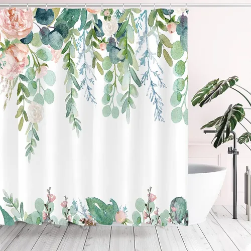 Miniatura 14 de Tititex Blomming - Cortina de ducha floral blanca brillante, hojas verdes acuarela en la parte superior, decoración de baño de planta
