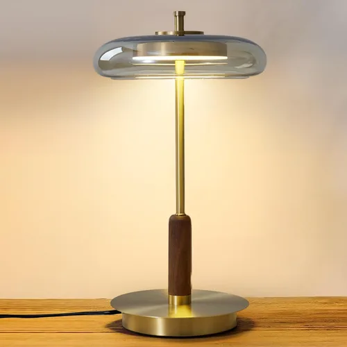 Miniatura 8 de Lámpara de mesa pequeña para dormitorio - lámpara de mesa con base de madera en forma de hongo lágrima, pantalla de vidrio ámbar, LED de tres