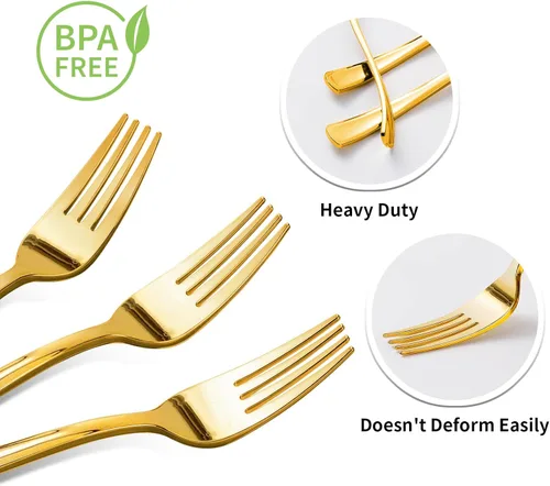 Miniatura 3 de Goodluck Paquete de 50 tenedores de plástico dorados, tenedores resistentes, desechables, cubiertos de plástico perfectos para bodas, fiestas, cenas