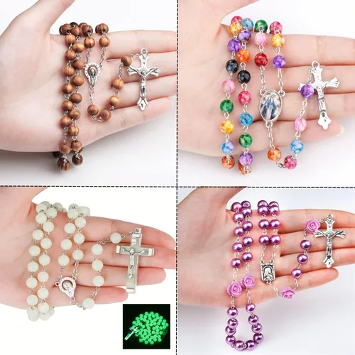 Miniatura 6 de SZQCZB 7 collares católicos con cuentas de rosario y 18 tarjetas sagradas, regalos de primera comunión católica, medalla y cruz de Our Rose Lourdes