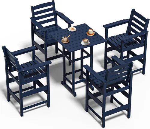 Miniatura 11 de nevilywood Adirondack - Juego de 5 sillas altas de bar, juego de 4 sillas de bar Adirondack con mesa, muebles de patio de polietileno de alta Teca
