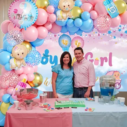 Miniatura 6 de Decoraciones de revelación de género, kit de arco de guirnalda de globos azul pastel y rosa con texto en inglés "What do You Think", globos de papel
