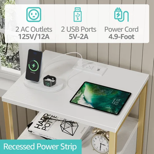 Miniatura 69 de BOLUO Mesita de noche blanca con estación de carga, mesa de noche LED con 2 cajones de tela, mesa auxiliar con puertos USB y tomas de corriente