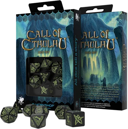 Miniatura 2 de Q-Workshop Call of Cthulhu - Juego de dados ornamentados de RPG negros y que brillan en la oscuridad, 7 piezas poliédricas negras y que brillan