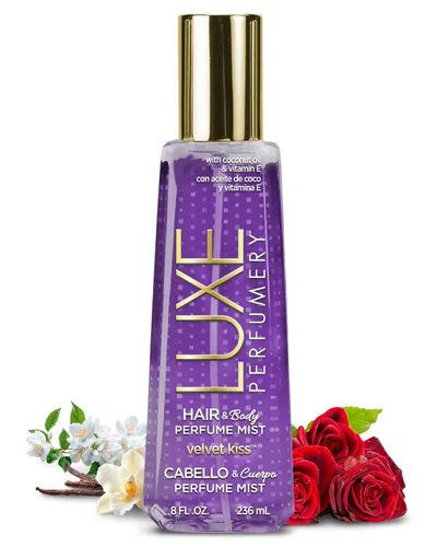 Luxe Perfumery Velvet Kiss - Perfume en espray para el cabello y el cuerpo, vainilla floral con jazmín, rosa y orquídea de vainilla, aceite de coco