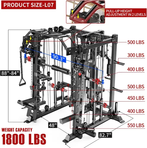Miniatura 3 de Rack Multiusos para Sentadillas, Conjunto de Rack de Pesas Smith Machine con Sistema de Crossover de Cables, Racks de Potencia para Gimnasio en L07