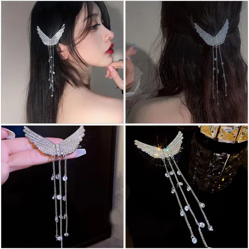 Miniatura 6 de Lurrose Pinza para el cabello con borlas con tachuelas de diamantes de imitación, alfiler de ala de ángel plateado, 5.70 pulgadas, accesorio