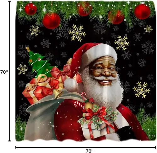 Miniatura 4 de Cortina de ducha afroamericana de Papá Noel negro retro amable anciano feliz Navidad bola regalo copos de nieve invierno feliz año nuevo cortina