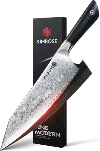 KIMROSE Cuchillo de chef de Damasco, 8 pulgadas, acero de aleación de alto carbono, mango G10, funda magnética, cuchillo de cocina afilado de