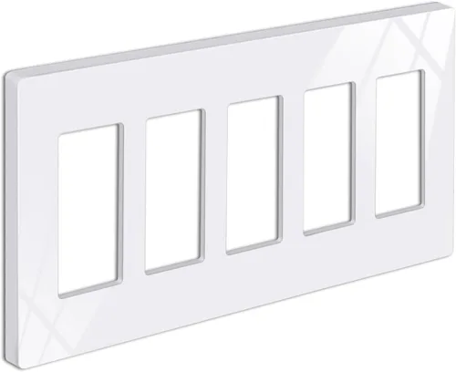 BESTTEN Placa de pared sin tornillos de 5 segmentos, cubierta de enchufe decorador, placa decorativa para interruptor, serie blanca nieve brillante