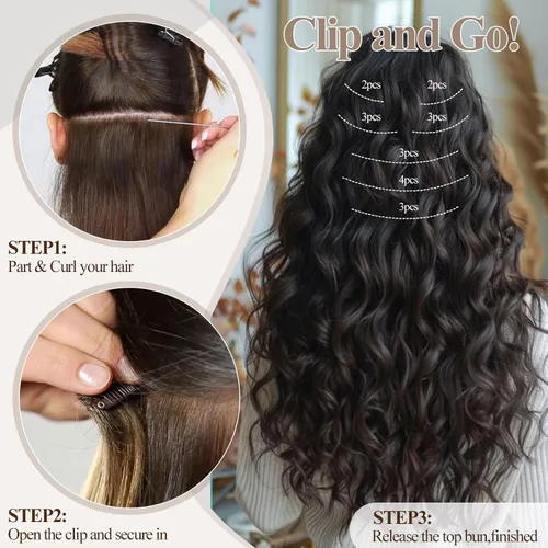 Miniatura 6 de Extensión de cabello humano con clip de onda profunda de 24 pulgadas, postizo de doble trama, sintético para mujeres, extensiones de cabello grueso