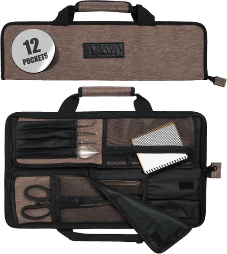 Asaya - Bolsa enrollable para cuchillos de chef - 12 bolsillos para cuchillos y utensilios de cocina - Nylon ligero, duradero y resistente a manchas
