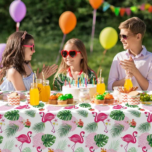 Miniatura 7 de Paquete de 3 manteles de verano con diseño de flamenco para fiestas, mantel de plástico tropical hawaiano, mantel desechable Luau para verano