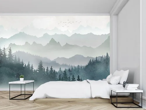 Miniatura 2 de Mural de pared de picos de montaña y bosque para dormitorio, sala de estar, papel tapiz para decoración 158" x 110" (no autoadhesivo)