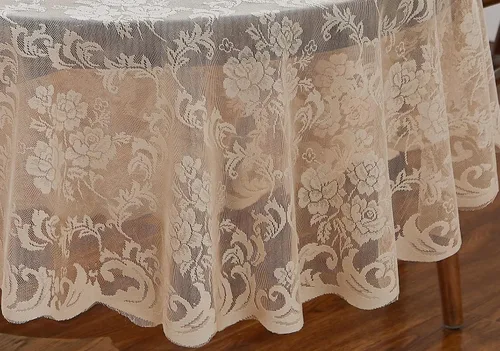 Miniatura 3 de ASATEX Mantel redondo de encaje de lino dorado de 48 pulgadas. El patrón floral clásico y elegante es la elección ideal para cualquier comedor