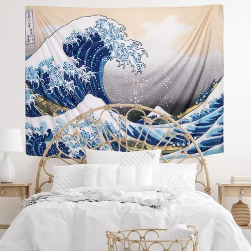 Miniatura 2 de IcosaMro Tapiz de gran ola para dormitorio, arte para colgar en la pared, decoración de pared grande con bordes dobladillos, manta de pared