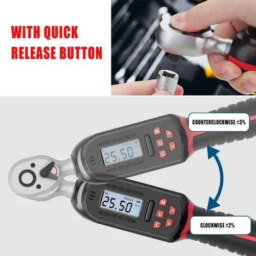 Miniatura 5 de VANPO Llave dinamométrica digital de 1/4 pulgadas, 1.1-22.1 pies-libras/1.5-30 Nm, con valores preestablecidos, 2% de precisión, timbre
