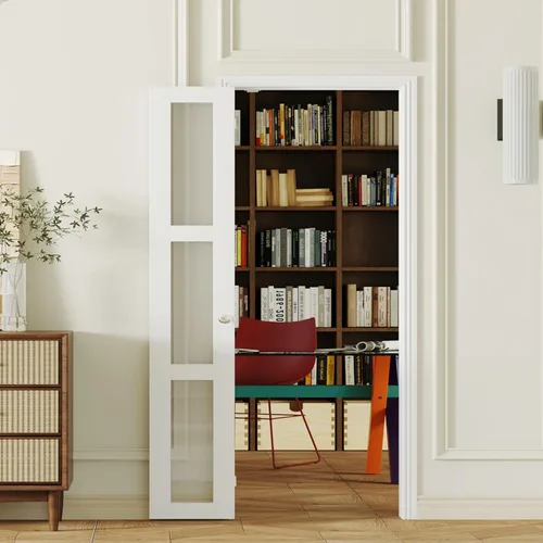 Miniatura 29 de Puerta plegable de 180 grados, para aberturas de 30 ″ x 80 ″, puerta plegable esmerilada blanca 3-Lite con bisagras, juego de herrajes para puertas