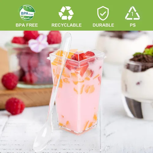 Miniatura 5 de EASERCY Paquete de 100 mini tazas de postre de 3 onzas con tapas y cucharas, tazas transparentes para postres con cucharas, tazas de parfait