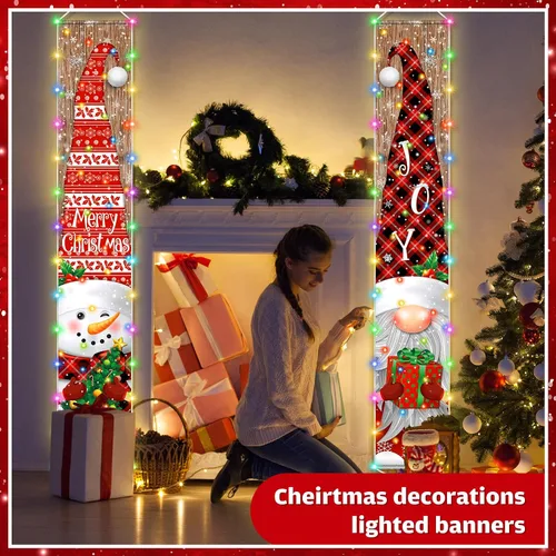 Miniatura 4 de Irenare Decoraciones de Pancarta de Navidad Iluminada con Luz LED Feliz Navidad Letrero de Porche Frontal Muñeco de Nieve Gnomo Pancarta Colgante
