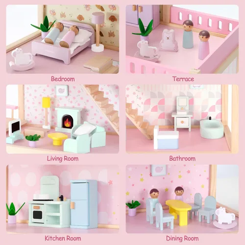 Miniatura 2 de Pillowhale Casa de muñecas grande de madera, casa de muñecas de 3 pisos con 38 piezas de muebles y accesorios, pisos de concepto abierto, balcón