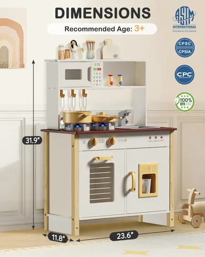 Miniatura 6 de Babytronic Cocina de Juego para Niños, Set de Cocina de Madera para Niños de 3+ Años con Luces Reales, Sonidos, Estufa, Fregadero, Horno, y 30 Blanco