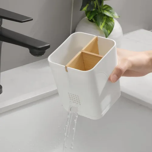 Miniatura 5 de Soporte para cepillo de dientes eléctrico de 3 ranuras con divisores de bambú para baños, organizador de cepillos de dientes y pasta de dientes