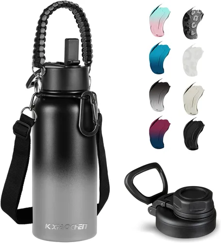 Miniatura 31 de KXIAOCHEN Botella de agua aislada, botella de agua de acero inoxidable, 2 tapas (con pajilla y tapa con asa), botellas de agua metálicas de boca
