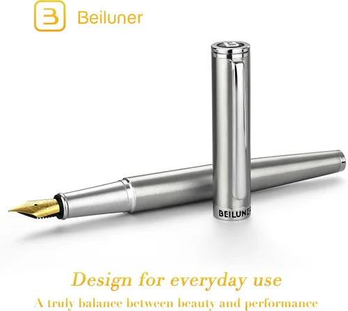 Miniatura 2 de BEILUNER Conjunto de pluma estilográfica de lujo, plumín fino sólido bañado en oro 24K, cuerpo de acero inoxidable plateado - Incluye 6 cartuchos
