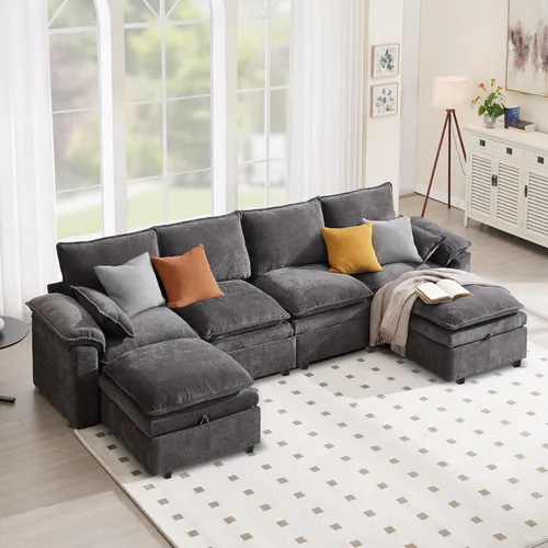 Miniatura 8 de Sofá Seccional Modular en Forma de L de 100", Sofá con Almacenamiento Otomano, Sofá Nube de Chenilla con Asientos Profundos y Mullidos para Sala