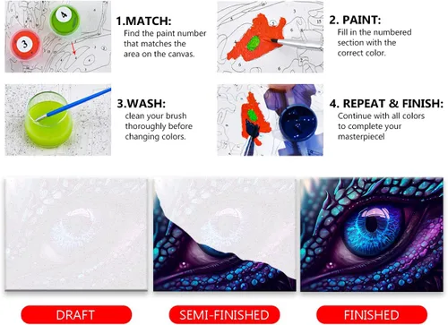 Miniatura 5 de TUMOVO Pintura por números para adultos – Kit de pintura acrílica de ojo de dragón azul y morado – Arte de lienzo de 16 x 20 pulgadas