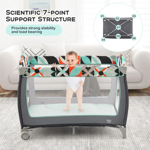 Miniatura 8 de BABY JOY 4 en 1 Pack and Play, corralito portátil para bebé con moisés, puerta lateral con cremallera, cambiador, centro de viaje para interiores