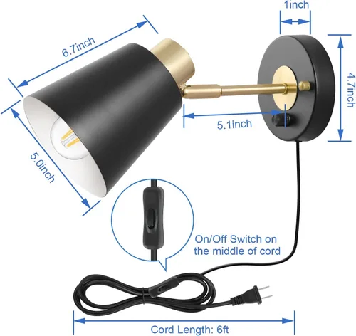 Miniatura 7 de VATONI Aplique de pared enchufable, aplique de pared regulable, luces de pared ajustables con cable de enchufe e interruptor giratorio