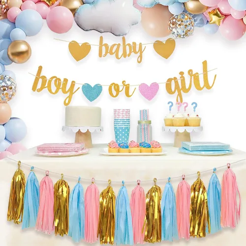 Miniatura 5 de Decoraciones de revelación de género para bebés, pancarta brillante para bebés y niños o niñas con borlas de papel de seda rosa y azul