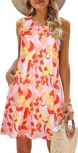 Miniatura 68 de SimpleFun - Vestidos de verano para mujer, camiseta floral, vestido de playa de estilo bohemio, informal, con bolsillos y sin mangas