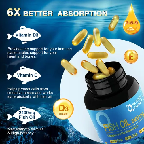 Miniatura 3 de NATURE TARGET Triple Omega 3 6 9, Aceite de Pescado 2400mg Cápsulas Blandas con Vitamina D3 y E - EPA y DHA y ALA - Apoya la Salud del Corazón