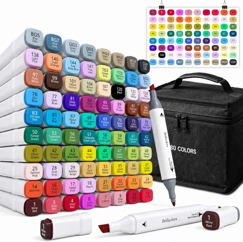 Brillcolors Marcadores de alcohol de 80 colores con base de doble punta para adultos y niños, cómics, colorear, bocetos, ilustración (80 blancos),