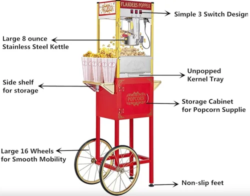 Miniatura 3 de Máquina de palomitas de maíz de 8 onzas con carrito – 3 galones por lote, estilo vintage profesional para hacer palomitas de maíz estilo teatro