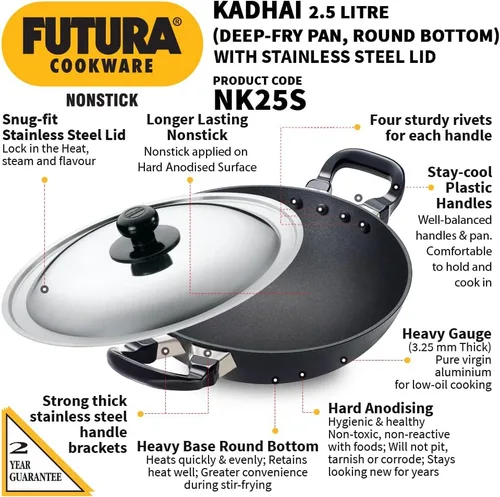 Miniatura 2 de Hawkins Futura Kadhai antiadherente 2,5 L, 10.2 in, 0.128 in con tapa SS (negro)