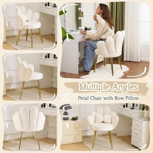 Miniatura 5 de VINGLI Silla de Maquillaje con Pétalos y Respaldo, Silla Linda de Terciopelo para Niñas, Silla de Escritorio Cómoda Sin Ruedas, Silla Moderna