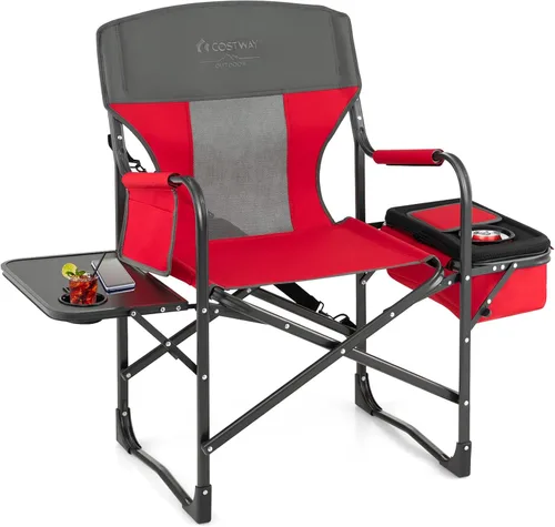 COSTWAY Silla de camping plegable, silla de director de alta resistencia soporta 400 libras para adultos con mesa auxiliar, bolsa refrigeradora, Rojo