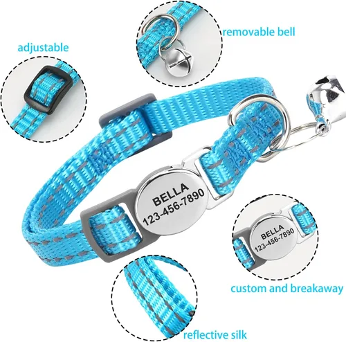 Miniatura 3 de Collar de gato personalizado personalizado con grabado reflectante con nombre y teléfono, ajustable para gatos y gatitos