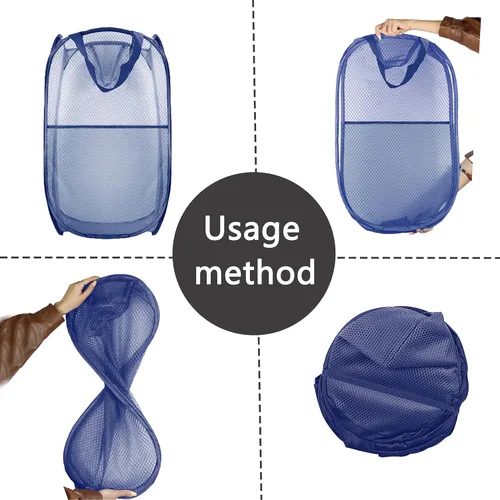 Miniatura 3 de Cesto de ropa sucia plegable emergente, cesta de ropa plegable de malla extragrande, 28" x 16" x 16" (azul)