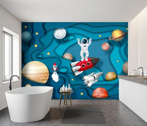 Miniatura 3 de Papel tapiz de tela con diseño de planeta galáctico para niños, jardín de infantes, sala de estar, dormitorio, niños, niñas, niños, caricaturas